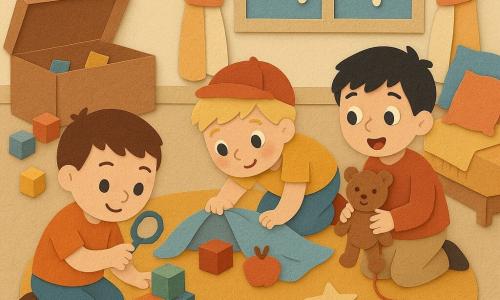 Drei Kinder: Junge 1 (5 J., kurze braune Haare) spielt links mit einer Kiste Bauklötze und hält eine kleine Papierslupe; Junge 2 (4 J., blonde Haare, rote Mütze) hockt in der Mitte und hebt vorsichtig eine Papierdecke; Junge 3 (5 J., schwarze Haare) steht rechts beim Kuschelecke mit einem Filzbären an einer roten Schnur und schaut zur Entdeckung. Gemütliches Kinderzimmer mit rundem Sternenteppich, offener Holzkiste mit verstreuten bunten Klötzen, Fenster mit stilisierter Regenoptik, Kuschelecke mit Decke und Kissen, warme pastellfarbene Palette. Hauptszene: Die drei kleinen Detektive entdecken mittig einen roten Würfel, der unter einer ausgeschnittenen Papierdecke neben einem kleinen roten Filzapfel liegt; überrascht-frohe Mimik, sanfte Gesten, zentrierte, helle Komposition.