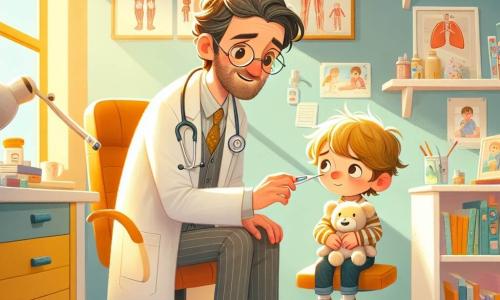 De hoofdpersoon is een man, Dr. Tim, een glimlachende arts van ongeveer veertig jaar, met licht messcherpe bruine haren en ronde brillen. Hij draagt een onberispelijke witte labjas en een stethoscoop om zijn nek, terwijl hij vriendelijk naar een klein jongetje kijkt.

Het jongetje, Sam, is ongeveer 7 jaar oud, met rommelige blonde haren en roze wangen. Hij zit op een grote comfortabele stoel in de spreekkamer, met een knuffel in zijn armen, terwijl hij Dr. Tim met hoopvolle ogen aankijkt.

De spreekkamer is warm en uitnodigend, met pastelgele muren, kleurrijke anatomische tekeningen aan de muur en een boekenplank vol boeken en speelgoed. Een raam laat zonlicht binnen, dat de kamer verlicht en een vrolijke sfeer creëert.

De belangrijkste situatie toont Dr. Tim die de temperatuur van Sam opmeet met een thermometer, terwijl Sam, een beetje bezorgd maar gerustgesteld door de glimlach van de arts, geduldig wacht. Kleurrijke bloemen zijn zichtbaar door het raam, wat een vrolijke toets aan deze troostende scène toevoegt.