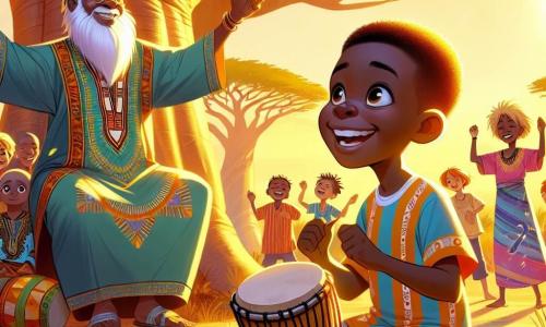 Kofi, un niño africano de 10 años, tiene ojos brillantes y curiosos, y una gran sonrisa que ilumina su rostro. Lleva una camiseta colorida y un short de tela ligera, y está sentado bajo un gran baobab, tocando alegremente el Tambor de los Sueños, con sus manos marcando el ritmo con entusiasmo. A su lado, un espíritu benevolente, un anciano con una larga barba blanca y una túnica decorada con motivos tradicionales, danza con gracia, con los brazos levantados hacia el cielo, expresando alegría y sabiduría. Un grupo de niños, chicos y chicas de unos 8 años, se encuentra alrededor de Kofi, sus rostros radiantes de felicidad, bailando y cantando al ritmo, con sus ropas coloridas ondeando en la brisa. La escena tiene lugar en una sabana africana dorada, bañada por la cálida luz del sol poniente, con majestuosos baobabs y altas hierbas ondeando suavemente al viento. Aves coloridas vuelan en el cielo, añadiendo un toque de magia a la atmósfera. La situación principal muestra a Kofi tocando su tambor, rodeado de risas y danzas, celebrando la unidad y diversidad de las culturas africanas, mientras la música resuena en el aire, creando un ambiente festivo y alegre.