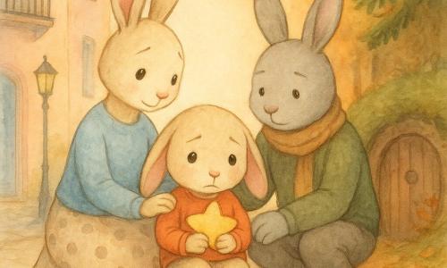 Die Hauptfigur ist ein kleiner anthropomorpher Hase namens Felix, beiges weiches Fell, große rosa Ohren, runde glänzende Augen, melancholischer aber beruhigter Ausdruck, sitzend auf einem kleinen Holzkoffer und einen sternförmigen Schmusefreund an die Brust drückend; die Mutter ist eine schlanke Häsin mit cremefarbenem Fell, hellblauem Pullover und gepunktetem Rock, zärtlichem Lächeln und Hand auf Felix' linker Schulter an der Fassade einer Wohnung; der Vater ist ein stämmiger Hase mit hellgrauem Fell, olivgrünem Pullover und hellbraunem Schal, ruhigem Blick und Hand auf Felix' rechter Schulter, hockend an einem Fuchsbau-Eingang am Waldrand; der Ort ist eine geteilte Schwelle: links pastellfarbene Wohnhausfassade mit blumigem Balkon, Kopfsteinpflaster und Straßenlaterne, rechts eine runde Holztür mit Moos, Tannenzweigen und Laubteppich, bernsteinfarbenes Zwielicht durch die Bäume; die Szene zeigt die Eltern jeweils an Felix' Seiten, einen schützenden Kreis bildend, sanfte, beruhigende Stimmung als Symbol des Versprechens geteilter Liebe trotz Trennung, warme Aquarelltöne und leichte Texturen.