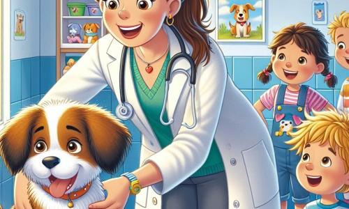 Eine lächelnde Tierärztin, Dr. Lisa, steht im Mittelpunkt des Bildes. Sie ist eine Frau in ihren Dreißigern mit braunen Haaren, die zu einem Pferdeschwanz gebunden sind, trägt einen weißen Kittel und ein Stethoskop um den Hals. Ihr Gesicht strahlt Freundlichkeit und Begeisterung aus, während sie einen kleinen Hund namens Benny untersucht, der einen Verband um sein Bein hat. Neben ihr beobachtet ein 10-jähriger Junge namens Max mit weit aufgerissenen Augen. Er hat zerzauste blonde Haare und trägt ein blaues T-Shirt mit einem Hundemotiv. Er beugt sich fasziniert nach vorne. Eine kleine Gruppe von Kindern, darunter ein 8-jähriges Mädchen namens Mia mit Zöpfen und einem bunten Kleid, steht etwas abseits, lächelt und schaut neugierig zu. Die Szene spielt sich in einer charmanten Tierarztpraxis ab. Die Wände sind hellblau gestrichen und mit fröhlichen Tierzeichnungen verziert. Spielzeuge für Tiere liegen auf dem Boden verstreut, und ein großes Fenster lässt Sonnenlicht herein, das den Raum erhellt. Dr. Lisa erklärt den Kindern, wie sie die Tiere behandelt, während sie den kleinen Hund Benny beruhigt, der glücklich und sicher wirkt. Die Kinder hören aufmerksam zu, fasziniert von den Geschichten der Tierärztin, was eine warme und lehrreiche Atmosphäre schafft.