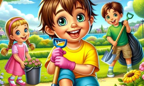 Un bambino di 4 anni, Samuele, con i capelli castani arruffati e gli occhi scintillanti di gioia, sorride ampiamente tenendo una piccola pala in mano. Indossa una maglietta gialla brillante e un pantaloncino blu, ed è accovacciato, pronto a piantare un bel fiore giallo nel terreno. Accanto a lui, Sofia, una bambina di 4 anni con lunghi capelli biondi intrecciati e un vestito rosa, sorride tenendo una pianta rosa, mentre Marco, un bambino di 4 anni con capelli castani e una maglietta verde, raccoglie rifiuti con un grande sacco nero. Il parco è verdeggiante, pieno di alberi maestosi con foglie brillanti, fiori colorati e un prato ben curato. In lontananza si vede un cielo azzurro chiaro punteggiato di nuvole bianche e soffici. La scena mostra Samuele, Sofia e Marco intenti a pulire il parco e a piantare fiori, circondati da risate e buon umore, illustrando il loro impegno a proteggere la natura e abbellire il loro ambiente.