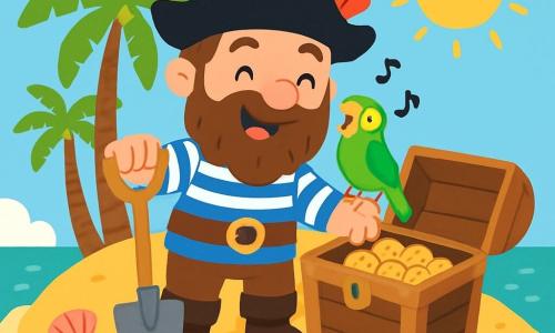 Een vrolijke piraat, Kapitein Bram, met een grote bruine baard en een zwarte hoed versierd met een rode veer, staat op het gouden zand van een klein eiland. Hij draagt een gestreepte blauwe shirt en leren broek, terwijl hij een houten schep vasthoudt. Naast hem zit zijn trouwe metgezel, een kleurrijke papegaai genaamd Piep, met groene en gele veren, op zijn schouder en kwettert vrolijk. De locatie is een tropisch eiland, omringd door een glinsterende turquoise zee onder de zon, met palmbomen die zachtjes in de wind wiegen. Schelpen en sterren van de zee liggen verspreid over het zand. Bram en Piep zijn aan het graven in het zand en ontdekken een oude houten schatkist, gevuld met heerlijke koekjes. Bram's gezicht straalt van opwinding en blijdschap, terwijl Piep vrolijk lijkt te fluiten.