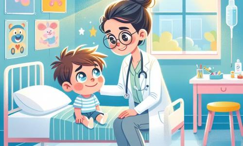 La doctora Ana es una mujer sonriente, de unos treinta años, con el cabello castaño recogido en un moño y gafas redondas. Lleva una bata blanca impecable y tiene un estetoscopio alrededor del cuello, mirando con benevolencia a un niño pequeño. Juan, un niño de 6 años, tiene el cabello rubio desordenado y ojos azules brillantes. Está acostado en una camita de hospital, con una ligera sonrisa en su rostro, mientras Ana escucha su corazón. La escena se desarrolla en una sala de hospital luminosa, con paredes pintadas de azul pastel, carteles coloridos de personajes de dibujos animados y juguetes esparcidos sobre una mesa. Una ventana deja entrar la luz del sol, creando un ambiente cálido y acogedor. La situación principal muestra a Ana examinando a Juan con atención, hablándole suavemente para tranquilizarlo, mientras el niño comienza a sonreír, sintiéndose cada vez más cómodo gracias a la amabilidad de la doctora.