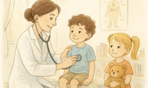 Una mujer médico sonriente de unos treinta años con el pelo castaño recogido en un moño y bata blanca brillante examina a un niño pequeño llamado Leo (unos 4 años, cabello rizado castaño, sonrisa tímida) con un estetoscopio mientras él está sentado en la camilla con las piernas colgando; cerca está Marta (unos 5 años, coletas rubias) abrazando un osito de peluche caramelo llamado Coco y mostrando confianza. La consulta es luminosa, ventana abierta con cortina ligera y un rayo de sol dorado, estanterías bajas con libros coloridos y juguetes de madera y un póster estilizado del cuerpo humano. La médico explica con calma, mano en el hombro de Leo y el estetoscopio en la otra, creando una atmósfera cálida y tranquilizadora en tonos pastel con toques de amarillo.