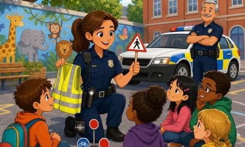 La protagonista es una mujer policía sonriente y tranquilizadora, cabello castaño en coleta, uniforme azul marino limpio y cinturón con linterna, radio y botiquín; sostiene un chaleco reflectante y un pequeño cartel plástico de señalización; a su izquierda, sentado en el suelo, un niño de unos 9 años, curioso, pelo corto castaño y mochila colorida, la escucha atento; un agente mayor (unos 50 años), rostro amable y ligera mostacha, está de pie junto a un vehículo patrulla de colores vivos observando; el escenario es el patio de una escuela con suelo de rayuela pintada, bancos de madera, un muro con una gran pintura mural de animales, árboles redondeados y un edificio escolar de ladrillo rojo al fondo bajo cielo azul y sol suave; la escena muestra a la policía enseñando seguridad vial a los niños con gestos claros y serenos, chaleco reflectante brillante, mini señales y sonrisas en una atmósfera calmada, luminosa y alentadora.