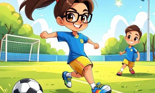 Een jonge vrouw, Lara, staat in het midden van de afbeelding, met bruin haar in een paardenstaart en een stralende glimlach op haar gezicht. Ze draagt een blauwe voetbalshirt en een gele short, met versleten maar kleurrijke sportschoenen. Haar ogen stralen van opwinding en vastberadenheid terwijl ze zich voorbereidt om een penalty te nemen. Naast haar kijkt een negenjarig jongetje met messy blond haar en een bril vol bewondering. Hij draagt een rood t-shirt en een zwarte short, met een oude voetbal onder zijn arm. Een ander kind, een achtjarig meisje met vlechten en een stralende glimlach, springt van blijdschap, gekleed in een kleurrijke stippenjurk. De achtergrond toont een klein grasvoetbalveld, omringd door houten hekken en enkele groene bomen. De lucht is blauw met enkele witte wolken, en kinderen spelen op de achtergrond, lachend en zich vermakend. De scène toont Lara die zich voorbereidt om te schieten, omringd door haar jonge bewonderaars, en vangt een moment van vreugde en kameraadschap op het voetbalveld.