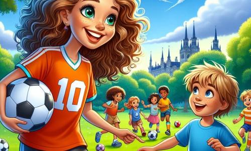 In het midden van de afbeelding glimlacht Lisa, een jonge vrouw met bruin, krullend haar, vrolijk terwijl ze een voetbal vasthoudt. Ze draagt een oranje shirt met nummer 10 en een zwarte short, en haar sprankelende blik toont haar passie voor voetbal. Naast haar staat Tim, een 8-jarig jongetje met een grote glimlach en rommelig blond haar, die aandachtig luistert terwijl hij een rode bal onder zijn arm houdt. Hij is gekleed in een blauwe t-shirt en een groene short. Een groep andere kinderen van verschillende leeftijden en etniciteiten omringt hen, lachend en zich vermakend terwijl ze proberen de bal tussen hen door te passen. De achtergrond is een groen park met majestueuze bomen en een blauwe lucht met enkele witte wolken. Het gras is helder groen en kleurrijke bloemen voegen een vrolijke toets toe. Lisa laat de kinderen zien hoe ze de bal moeten passen, terwijl ze samen oefenen, wat een sfeer van kameraadschap en vreugde creëert.