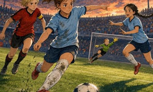 A focused, confident 13-year-old girl with a round face, freckles and a brown ponytail runs across dark green mowed stadium grass at dusk, passing a low decisive right-footed ball while wearing a sky-blue grass-stained jersey, white knee pads and red cleats; a braided 14-year-old teammate to her right stretches her arms to receive, a tall blond 15-year-old opposing captain charges from the left, and a 13-year-old goalkeeper in yellow gloves jumps near the distant goal to block; dramatic diagonal composition with suspended sweat and grass dust, strong stadium lights and blurred colorful stands; colored ink with sharp lines and watercolor textures, warm dusk palette (deep blues, soft oranges, intense greens) and high-contrast lighting.