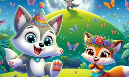 No centro da imagem, um pequeno lobo chamado Lupinho, com pelagem cinza suave e olhos brilhantes como estrelas, dança alegremente em uma colina verdejante, um grande sorriso iluminando seu rosto. Ele usa um pequeno chapéu de festa colorido, e suas patas estão levantadas no ar, mostrando sua empolgação. Ao lado dele, uma pequena raposa chamada Fifi, com pelagem laranja vibrante e olhos travessos, ri enquanto executa passos de dança acrobáticos. Ela usa um colar de flores e parece cheia de energia, adicionando à atmosfera festiva. Ao fundo, uma colina banhada pela luz da lua é cercada por centenas de borboletas coloridas que voam em círculos, criando um espetáculo mágico. Árvores majestosas com folhas cintilantes emolduram a cena, enquanto uma grande flor da lua, brilhante como prata, se ergue orgulhosamente no topo da colina. A situação principal mostra Lupinho e Fifi celebrando um aniversário, cercados por seus amigos animais da floresta, todos reunidos para dançar e se divertir sob um céu estrelado, cheios de alegria e amizade.