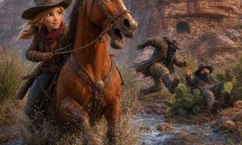 Nastolatka-cowgirl (14–16 lat), blond włosy pod szerokim zużytym kapeluszem, zdecydowana uśmiechnięta twarz, jasne oczy, brązowa skórzana kurtka i czerwony chustę, trzyma wodze konia i biegnie ku błotnistemu strumieniowi; jej koń Błysk (ogier), duży alezan, mokra lśniąca grzywa, odwraca się rżąc, kopyta chlapią wodę; w tle dwaj dorośli bandyci z częściowo zasłoniętymi twarzami bandanami i przygasłymi płaszczami uciekają, potykając się o krzaki opuncji, jeden połowicznie leży w kaktusie; miejsce: duża czerwona prążkowana skała z pęknięciami i rumowiskiem, wysokie mokre trawy, mały ciemny tunel w skale i srebrny strumień na pierwszym planie przy drobnej mżawce zamieniającej ziemię w błyszczącą błoto; scena dynamiczna, kontrast ciepłych ochrowych skał z chłodnymi refleksami wody; styl realistyczny lecz miękki, zaokrąglone tekstury, światło po ulewie z widocznymi kroplami, paleta czerwieni ochry, wilgotnej zieleni i niebiesawych szarości.