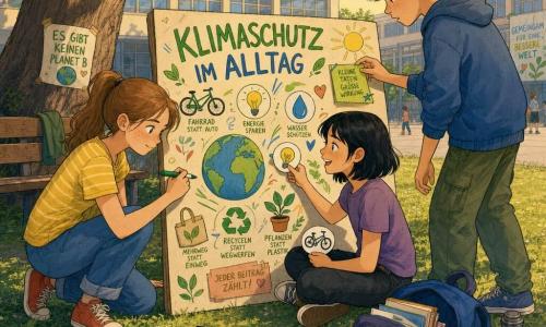 Zwei 12-jährige Mädchen und ein etwa 13-jähriger Junge bereiten gemeinsam in der sonnigen Pausenhofmitte ein großes, buntes Poster „KLIMASCHUTZ IM ALLTAG“ für die Schulbibliothek vor: ein hellbraunhaariges Mädchen mit Pferdeschwanz und Sommersprossen hockt auf dem Rasen und zeichnet mit Filzstiften, Leni mit kurzen schwarzen Haaren klebt Piktogramme von Fahrrad und Glühbirne an, der lockige, braunhaarige Junge steht daneben, zunächst skeptisch, fügt dann einen Aufkleber „Wasserflasche auffüllen“ hinzu; Umgebung: rissiger, sonniger Boden, Holzbänke, ein großer Baum spendet Schatten, verstreute Blätter und ein offenes Schulranzen, Atmosphäre kooperativ, hoffnungsvoll und tatkräftig.