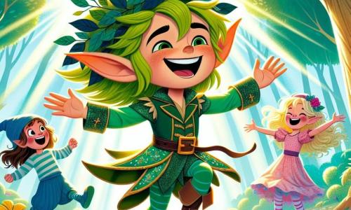 Um elfo alegre chamado Lúcio, com grandes orelhas pontudas, cabelos verdes brilhantes e um sorriso radiante, dança no meio de uma clareira ensolarada, cercado por flores coloridas que parecem dançar com ele. Ele usa um pequeno chapéu pontudo enfeitado com folhas e uma túnica brilhante, seu rosto expressa imensa alegria. Perto dele, uma menina de 8 anos, vestida com um vestido rosa de babados, ri ao olhar para Lúcio, com os cabelos loiros ao vento. Ela segura um balão colorido e está pronta para se juntar à dança. Um menino de 9 anos, usando um boné azul e uma camiseta listrada, pula de alegria, com os braços levantados e um grande sorriso no rosto. A cena ocorre em uma floresta mágica, onde as árvores são altas e majestosas, suas folhas brilhando sob o sol. Flores multicoloridas cobrem o chão, e raios de luz filtram-se pelas ramas, criando uma atmosfera encantada. Lúcio, em plena dança, faz uma acrobacia divertida, mas escorrega e cai na grama, provocando risadas gerais. As crianças se divertem juntas, celebrando a amizade e a magia da floresta.