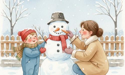 Een tweejarige jongen speelt met zijn moeder in een besneeuwde tuin terwijl ze samen een grote sneeuwpop maken; de jongen heeft een rond gezicht en rode wangen, draagt een blauwe overall, een dikke gestreepte sjaal en een rode muts en houdt een wortel bij het gezicht van de sneeuwpop, de moeder van circa 30 jaar is geknield in een beige warme mantel met gebreide wanten en zet zachtjes de wortel als neus, de sneeuwpop staat in het midden met drie witte bollen, kolenogen, een rode sjaal, een vilten hoed en takjes als armen, rondom een houten schutting, besneeuwde bomen, een licht besneeuwd trottoir en vallende vlokken onder een bleek blauwgrijze hemel in een zachte, pastelachtige aquarelachtige sfeer.