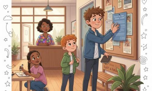 A curious, proud 12-year-old boy with messy brown hair and a denim jacket holds a slightly crumpled blue poster in one hand and a detective notebook in the other, smoothing the poster against a cork bulletin board; a shy, relieved 9-year-old redheaded boy stands in front of the board holding thumbtacks and smiling nervously as he pins it while the older boy encourages him; Ms. Imani, about 35, calm and kind with brown skin and a colorful blouse, stands behind the counter nearby watching reassuringly; Nia, a focused 13-year-old girl with braids, crouches by an art table to the left drawing small hand-drawn stars beside the poster; the warm cultural center hall has shiny wooden floors, a large cork board with flyers, a potted plant by a lost-and-found bench, soft light from large windows and a hallway door in the back; the scene shows a group repairing the blue show poster together with attentive gestures, shy smiles, and small doodles of comets, stars and a magnifying glass overlaying the scene.