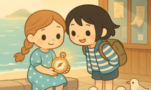 Two girls, Ivy (10, light brown hair in a braid, sky-blue polka-dot dress) sitting on a low stone wall at left holding a shiny brass compass that points to the sea, and Mina (10, short black hair, blue-and-white striped sailor jacket, khaki backpack) standing at right, leaning toward Ivy with a mischievous smile; they stand by a small varnished wooden map kiosk with dusty windows and faded posters on a busy wooden quay; white seagulls and a row of wooden chests in the foreground, a hazy, shimmering island on the blue-green horizon and silver waves beyond; the brass compass glows warmly and seems to vibrate like a tiny heart, the girls’ faces lit with wonder in golden morning light and a light breeze lifting strands of hair and fluttering the kiosk brochures.