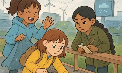 Three girls on a rooftop park: Mina, about 10, round face, fair freckled skin, brown bob, lemon-yellow jacket and canvas bag with a wooden notebook visible, crouched center clearing leaves from a roof drain with a small hook; Juno, about 10, boyish and cheerful, tanned, high ponytail, light blue raincoat to Mina's left holding a large cloth to shield from rain and making an encouraging gesture; Skye, about 10, calm and curious, olive skin, long black braid, khaki jacket with tool pockets to Mina's right leaning on the roof edge, inspecting a small crack and taking notes on a glowing strip of paper. The setting is an urban rooftop park on a light-wood tower with thin polished metal railings, green grass, small shrubs, flat solar panels and shiny copper gutters; background shows green roofs, white wind ribbons between towers, translucent hanging walkways and a pearly gray sky with a sun break; the wet roof reflects city lights, pastel neon and flying drone-mines. Main action: rain begins, a tiny bright animated drop falls, the girls clear a clogged drain to stop a leak vibrating a wooden beam — water flowing, leaves falling, focused supportive expressions and a glowing digital weather panel in the background flashing a calming message.