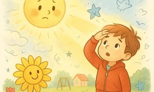 A small anthropomorphic pale-yellow Sun (Sunnykin) with a round childlike face, gentle eyes, timid mouth, short rays and a soft golden halo, hesitant but emotional, casting a faint glow through fluffy clouds; a ~6-year-old boy (Andy) with light brown hair, red jacket and blue shorts, surprised then reassured, standing in the lower right of his garden looking up with one hand above his eyes; a large anthropomorphic sunflower with luminous yellow petals and a slightly drooping smiling face near Andy to the left, turning its head toward the light; a tiny pale-blue smiling star floating near the Sun whispering encouragements; setting: a colorful foreground garden with textured green grass, varied flowers, a wooden swing and a few stylized low-flying birds, pastel houses in the background and a band of fluffy clouds at the Sun’s level; main moment: the Sun hesitates then begins to shine stronger, golden rays gently piercing the clouds and falling as warm beams on the boy, sunflower and garden, creating a soft, bright, hopeful mood; graphic style: vivid but soft colors, rounded outlines, paper texture and small white doodle overlays (stars, hearts, motion lines) to emphasize joy.