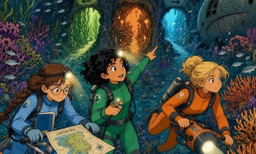 There are three 12-year-old girls at Lantern Reef: Mina (left) with brown braided hair, round glasses and a pale blue wetsuit with a small waterproof notebook on her chest, leaning over a map on a underwater scooter's handlebars; Jo (center) with short curly black hair, an emerald-green wetsuit and a shiny compass ring, pointing determinedly ahead toward three glowing paths; and Tess (right) with blonde hair in a bun and an orange wetsuit holding a compact mini-scooter, slightly behind and ready to accelerate. They float before a dark rock arch that opens into three lighted routes—soft green left, warm orange center, pale blue right by a whale-shaped wreck—over a colorful tower coral reef with orange anemone fields, dark kelp forests, clear water dotted with glittering plankton; their lamps cast cones of light, silver fish swirl around, a guiding line between them shows they must choose a path, expressions of adventure and curiosity, crisp lines, bright contrasting colors in a European comic style.