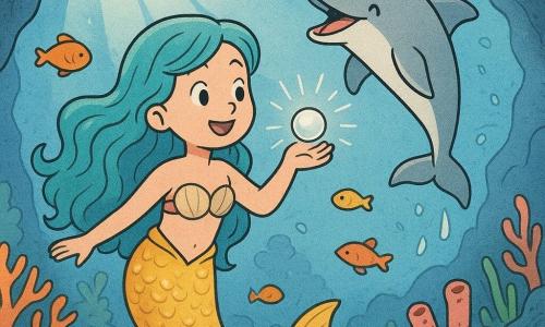 A mermaid named Coral, with long wavy turquoise hair and a shimmering tail with golden scales, swims joyfully in an underwater cave. Her face radiates curiosity and wonder as she discovers a magical pearl that shines brightly. Beside her, a playful dolphin named Splash, with silver fins and sparkling eyes, leaps happily out of the water, sharing Coral's excitement. The scene takes place in an underwater cave, illuminated by beams of light filtering through the clear water, surrounded by colorful corals and vibrant fish dancing around them. Coral reaches for the magical pearl, her heart racing with excitement, while Splash encourages her with a beaming smile, creating an atmosphere of joy and adventure.