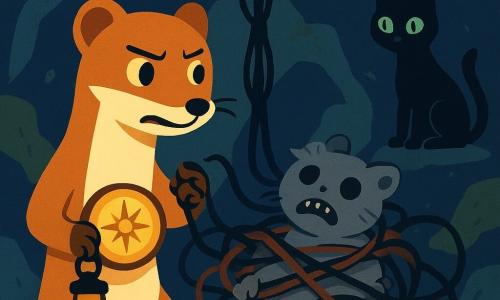 Pip, a young stoat with tawny fur and a thin white stripe between his eyes, looks determined and frightened, clutching a small glowing amber compass to his chest while stepping back with a leather lantern hanging from his forepaw; Nyx, a skinny black cat with pale green eyes, watches from the crevasse entrance, sitting on a stone to Pip’s right with anxious, alert eyes; the Direction-Stealing Creature, a small smoky-gray furred being with a zipper-mouth and dull button eyes, is tangled in dark cords at the center of an entanglement, wearing a confused, angry expression; the Hollow Seam is a damp underground cavity with moss-fissured stone walls and a central spindle-like pillar of hanging laces, lit by the compass’s warm golden glow contrasted with bluish shadows; main situation: a tense, dramatic confrontation as Pip tries to reclaim the compass while the ensnared creature struggles to hold it and Nyx guards the entrance; mood foreboding yet hopeful, palette of dark blue, warm amber and red rope accents; clean graphic style with simple shapes, flat color and visible leather and stone textures, composition centered on the glowing compass.