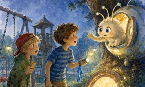 Three characters: a boy about nine with short messy brown hair, a blue striped T-shirt, khaki pants, holding a small flashlight with a blue ribbon, standing center in front of a glowing circular door and looking with wonder at the alien; another boy about nine with blond hair, a red cap worn backwards, a green jacket stained with dirt, holding a piece of biscuit, standing left and slightly behind, half-surprised, half-excited; and a small plushy cat-sized alien with cream fur, three flexible tiny antennae, large round marble-blue eyes and a smile, emerging from a small round floating light cabin to the right and slightly above the children, reaching a friendly paw toward the boy with the blue ribbon. Scene: a nighttime playground under a leaning pine with metal swings, worn wooden play structures and short dewy grass, distant pale streetlights and a twilight sky with a thin moon, bluish reflections on the grass. Main situation: a soft circular door of light on the grass opens onto a warm little spacecraft cabin; the close-up composition captures the friendly meeting between the two boys and the alien, lit by pale yellow and blue halos, with benevolent expressions and a magical but safe atmosphere.