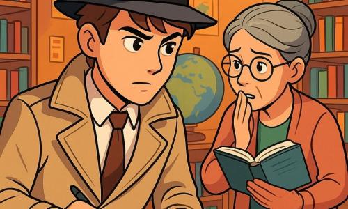 A detective named Owen stands at the center of the scene, looking focused and determined. He wears a beige trench coat and a slightly tilted black hat, holding a notebook in one hand while the other rests on a wooden table. His brown hair is slightly tousled, and his eyes shine with intelligence. Next to him, a middle-aged woman, Mrs. Flores, the librarian, appears concerned. She has gray hair neatly tied in a bun and wears round glasses. Holding an open book showing a page with notes, she leans slightly toward Owen as if whispering a secret. In the background, a young boy, Sid, about 12 years old, sits at a table with furrowed brows, playing chess. He has brown hair and wears a blue t-shirt with a knight design, looking at the board with intense concentration. The setting is a cozy library with wooden shelves filled with colorful books, soft lighting illuminating the corners, and children's book posters decorating the walls. A large globe sits in the center, adding a touch of adventure to the atmosphere. The main situation shows Owen examining a computer while Sid, worried, observes from a distance. The air is filled with mystery, and the excitement of an ongoing investigation is palpable, where every detail matters to solve the mystery of the hidden treasure.