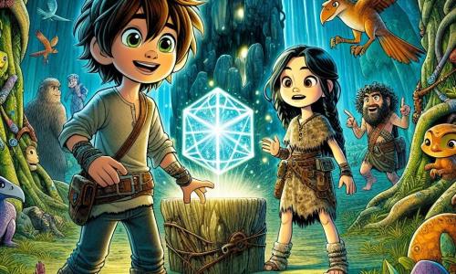 Al centro dell'immagine, Marco, un ragazzo di 11 anni con capelli castani in disordine e occhi pieni di curiosità, si trova davanti a un misterioso cubo luminoso, il Crono-Explorer. Alla sua destra, Lila, una ragazza di 10 anni con lunghi capelli neri intrecciati, indossando una tunica di pelle, guarda Marco con un sorriso incoraggiante, pronta ad aiutarlo. A sinistra, Tommaso, un ragazzo di 11 anni con capelli ricci e un'espressione determinata, indica la caverna dietro di loro, dove pietre brillanti illuminano le pareti. Lo scenario è una foresta preistorica lussureggiante, con alberi giganti e foglie verdi brillanti. Animali strani, come uccelli colorati e creature preistoriche, si muovono sullo sfondo, aggiungendo un tocco di magia alla scena. Marco, Lila e Tommaso sono riuniti attorno al Crono-Explorer, pronti ad attivare la macchina per viaggiare nel tempo, con i volti illuminati dall'eccitazione e dalla curiosità per l'avventura che li attende.