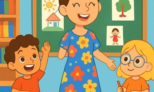 Uma professora sorridente, Sofia, está de pé no centro de sua sala de aula iluminada, cercada por paredes pintadas de azul claro e decoradas com desenhos de crianças. Ela tem cabelos castanhos presos em um coque, usa um vestido colorido com flores e exibe uma expressão alegre e entusiasmada. À sua direita, uma menina de 6 anos, Ana, com cabelos loiros e óculos redondos, olha timidamente para Sofia, segurando um lápis na mão. À esquerda, um menino de 5 anos, Lucas, com cabelos cacheados e camisa vermelha, levanta a mão com um grande sorriso, pronto para responder a uma pergunta. A sala está cheia de mesas de madeira, livros coloridos nas estantes e desenhos pendurados no quadro. Sofia explica com paixão as atividades do dia, enquanto Ana e Lucas a ouvem atentamente, ansiosos para aprender.