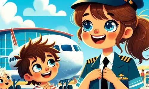 Eine Pilotin, Amelia, lächelt begeistert in einer blauen Uniform mit einer Kapitänsmütze. Ihre braunen Haare sind zu einem Pferdeschwanz gebunden, und ihre Augen strahlen vor Freude, während sie vor einem großen silbernen Flugzeug steht. Neben ihr ist ein 6-jähriger Junge namens Leo mit zerzausten blonden Haaren und einem roten T-Shirt, der aufgeregt die Hand hebt und mit weit aufgerissenen Augen aussieht, als hätte er eine unglaubliche Entdeckung gemacht. Ein weiteres Kind, Mia, ein 5-jähriges Mädchen mit lockigem Haar und einem rosa Kleid, schaut Amelia bewundernd an, die Hände vor sich gefaltet, und träumt davon, Pilotin zu werden. Der Ort ist ein sonniger Flughafen mit einem klaren blauen Himmel und einigen flauschigen weißen Wolken. Im Hintergrund sind Flugzeuge unterschiedlicher Größen auf dem Rollfeld geparkt, und Menschen bewegen sich geschäftig darum herum, was eine lebhafte und fröhliche Atmosphäre schafft. Die Hauptsituation zeigt Amelia, die den Kindern von ihren Flugabenteuern erzählt und sie mit Geschichten über flauschige Wolken und wunderschöne Regenbögen fesselt, während Leo und Mia gebannt zuhören, beeindruckt von ihren Erzählungen.