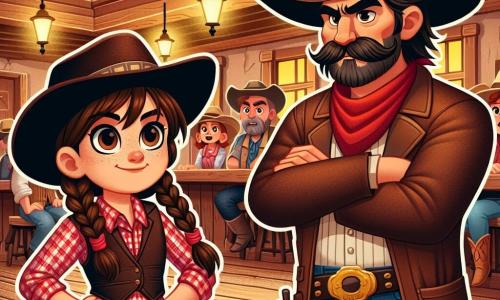 Clara, uma corajosa cow-girl de cerca de 12 anos, usa um grande chapéu de cowboy e uma camisa xadrez vermelha. Ela tem cabelos castanhos presos em uma trança e exibe um sorriso determinado. Ela se posiciona firmemente diante de Tex, um cowboy imponente que parece surpreso e um pouco envergonhado, com um rosto marcado e um grande bigode. Tex, um homem na casa dos trinta anos, veste uma jaqueta de couro e calças jeans, com os braços cruzados, a alguns passos de Clara. A cena ocorre em um saloon animado, com paredes de madeira envelhecida e mesas de carvalho. Lâmpadas a óleo iluminam o ambiente, e clientes curiosos assistem à confrontação com expressões de excitação e espanto. Clara desafia Tex, pronta para provar sua bravura, enquanto a multidão aplaude e incentiva a jovem cow-girl. A atmosfera está carregada de tensão e antecipação, com risadas e murmúrios de admiração ecoando no ar.