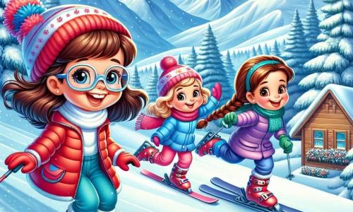 Três meninas de 8 anos, Ana, Sofia e Lara, estão reunidas em uma pista de esqui coberta de neve. Ana, com cabelos castanhos e óculos, usa um casaco vermelho e um gorro combinando, pronta para deslizar com um grande sorriso. Sofia, com cabelos loiros e cacheados, veste um casaco azul e um cachecol rosa, rindo enquanto tenta manter o equilíbrio. Lara, com cabelos castanhos e uma trança, usa um casaco roxo e luvas verdes, fazendo uma pirueta com os braços levantados. O cenário é encantador: montanhas majestosas cobertas de neve, pinheiros carregados de neve e um céu azul claro com algumas nuvens brancas. Ao longe, vê-se um chalé de madeira com fumaça saindo da chaminé, adicionando um toque acolhedor à cena invernal. As meninas se divertem correndo de esqui, rindo e gritando de alegria, enquanto flocos de neve caem suavemente ao redor, criando uma atmosfera mágica e festiva.