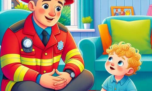 Een brandweerman, genaamd Bram, zit op een comfortabele stoel in zijn woonkamer. Hij draagt een grote rode pet en een glanzend brandweerkostuum, met een warme glimlach op zijn gezicht. Zijn ogen stralen van trots en geluk. Naast hem kijkt een jongetje van ongeveer 5 jaar met blond, krullend haar vol bewondering naar hem. Hij draagt een blauwe t-shirt en een gele short, terwijl hij een klein plastic brandweervoertuig in zijn handen houdt. De woonkamer is versierd met posters van brandweervoertuigen en kleurrijke speelgoedjes verspreid over de vloer. Een groot raam laat zonlicht binnen, dat de kamer verlicht. Bram vertelt een boeiend verhaal over zijn werk als brandweerman, terwijl het jongetje aandachtig luistert, met verwonderde ogen.