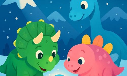 Ein Triceratops namens Tino, mit strahlend grüner Haut und majestätischen Hörnern, schaut mit leuchtenden, neugierigen Augen auf einen geheimnisvollen, in der Schneedecke glänzenden Gegenstand. Neben ihm nähert sich Lila, ein kleiner rosa Stegosaurus mit bunten Platten auf dem Rücken, mit einem bewundernden Lächeln. Max, ein Baby-Brachiosaurus mit großen, sanften Augen und blauer Haut, steht etwas im Hintergrund und schnüffelt interessiert an dem leuchtenden Objekt. Die Szene spielt in einer bergigen Landschaft mit schneebedeckten Gipfeln unter einem sternenklaren Himmel, wo der Schnee wie Diamanten funkelt. Im Mittelpunkt des Bildes entdeckt Tino einen runden, blauen Gegenstand, der sanftes Licht ausstrahlt und die fröhlichen Gesichter seiner Freunde erleuchtet. Die Dinosaurier sind von sanft fallenden Schneeflocken umgeben, was eine magische und warme Atmosphäre schafft.