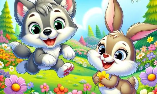 Un pequeño lobo llamado Lulú, con pelaje gris y ojos llenos de curiosidad, salta alegremente en un campo de flores coloridas, sonriendo. A su lado, una liebre llamada Lila, con pelaje marrón claro y grandes orejas erguidas, ríe sosteniendo una flor amarilla, llena de entusiasmo. El paisaje es primaveral, con árboles verdes, un cielo azul claro con nubes blancas esponjosas, y flores de todos los colores que bailan con el viento. A lo lejos, se ve un nido de pájaros cantando en un árbol. La escena muestra a Lulú y Lila explorando, descubriendo huevos de Pascua coloridos entre las flores, llenos de asombro y alegría, listos para celebrar la magia de la primavera con sus amigos.
