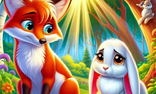 An illustration depicts a young fox with bright red fur and determined eyes, standing slightly forward with a courageous expression, ready to defend a friend. Next to him is a young rabbit with large drooping ears and white fur, showing sadness and hesitation, looking at the fox with hopeful eyes while standing slightly back as if needing support. In the background is a lush clearing in Greenwood Forest, bathed in golden sunlight, with majestic trees and colorful flowers adding life to the scene. The main situation shows the fox preparing to defend the rabbit against mockery, symbolizing courage in the face of bullying. Other graphic elements include birds perched on tree branches, curiously watching the scene, and sun rays filtering through the leaves, creating a warm and welcoming atmosphere despite the tension.