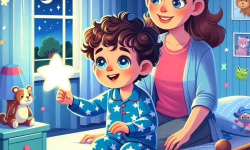 Un băiat de 8 ani, Andrei, cu părul brun și creț, cu ochi mari și curioși și un zâmbet timid, stă pe patul său. Poartă un pijama albastru cu stele albe și privește cu uimire o lampă în formă de stea care luminează ușor camera. Fața lui exprimă o combinație de excitație și neliniște, în timp ce se pregătește să înfrunte noaptea. Mama sa, o femeie de aproximativ 30 de ani, cu părul lung și castaniu, stă lângă el, zâmbitoare și reconfortantă. Poartă un tricou roz și o pereche de pantaloni confortabili și îi arată autocolantele cu animale de pe pereți, explicându-i că sunt prietenii lui protectori. Camera lui Andrei este decorată cu pereți vopsiți în albastru deschis, plini de autocolante colorate cu animale drăguțe, și o fereastră prin care se văd stelele strălucitoare în cerul nocturn. Jucăriile în dezordine sunt împrăștiate pe podea, adăugând o notă de viață scenei. Situația principală îl arată pe Andrei, puțin nervos dar curios, privind lumina lampii stelare care luminează camera, în timp ce mama lui îi vorbește blând pentru a-l liniști că întunericul nu este atât de înfricoșător.