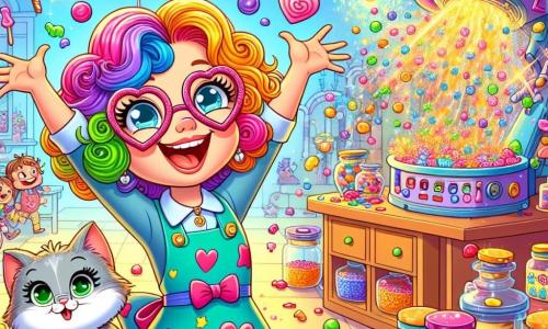 Clara, una donna dai capelli ricci e colorati, indossa occhiali a forma di cuore e un grembiule macchiato di vernice. Ride gioiosamente, con le braccia alzate, circondata da una pioggia di caramelle colorate che cadono dal cielo. Accanto a lei, Luna, la sua gattina grigia con occhi verdi scintillanti, osserva con stupore le caramelle che scendono, con le orecchie ritte. Il laboratorio di Clara è un luogo magico, pieno di strumenti strani, macchine colorate e barattoli di caramelle. I muri sono dipinti con colori vivaci e gli scaffali traboccano di invenzioni bizzarre. Al centro, la Caramella-Magica 3000, una macchina splendente con tubi multicolori e luci scintillanti, è in azione, sputando caramelle a forma di animali. La scena principale mostra Clara e Luna nel cuore di una festa di degustazione di caramelle, dove i bambini del villaggio ridono e corrono per catturare le dolcezze che cadono dal cielo, creando un'atmosfera gioiosa e festosa.