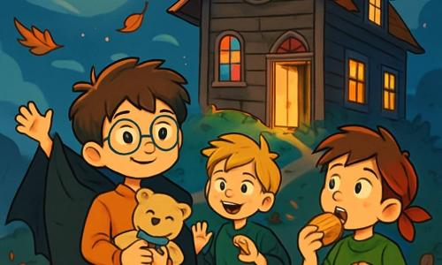 Hay 4 niños: - Mateo: un chico de 10 años, con el pelo castaño desordenado y gafas redondas. Lleva un suéter naranja y un pantalón azul. Está de pie en el centro, sosteniendo un peluche con un lazo azul. - Lucas: un chico de 10 años, con el pelo rubio y una sonrisa traviesa. Lleva una capa de vampiro de cartón negro y está a la izquierda de Mateo, levantando los brazos como si quisiera asustar. - Nico: un chico de 10 años, con el pelo castaño y pecas. Lleva una camiseta verde y jeans. Está a la derecha de Mateo, mordiendo una galleta con una expresión curiosa. - Diego: un chico de 10 años, con el pelo negro y ojos brillantes. Lleva un disfraz de pirata con un pañuelo rojo. Está un poco atrás, mirando la casa con una expresión de emoción. El lugar es una vieja casa de madera, situada en una colina, con ventanas de vidrio de colores que brillan bajo la luna. La puerta está entreabierta, dejando escapar una luz dorada. Hojas secas giran alrededor, y linternas de calabaza iluminan el camino, creando una atmósfera misteriosa y acogedora. La situación principal muestra a los niños acercándose a la casa, llenos de curiosidad y emoción por descubrir el piano que toca solo en el interior. Intercambian miradas cómplices, listos para vivir una aventura mágica y aterradora a la vez.