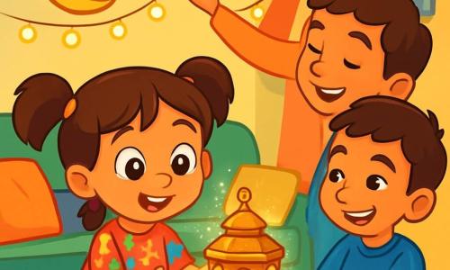 A 6-year-old girl, Layla, with sparkling brown eyes and a wide joyful smile, stands in front of a shimmering lantern. She wears a colorful dress adorned with floral patterns, and her brown hair is tied in two pigtails. She looks amazed and curious, reaching out towards the lantern. Next to her, her 9-year-old brother Sami, with short hair and a blue t-shirt, smiles while whispering a secret to her, arms crossed and standing slightly back. Their mother, a woman in her thirties, is busy hanging string lights from the ceiling, with a gentle, warm expression. The scene takes place in a cozy living room decorated with colorful cushions and twinkling lights, featuring pastel-colored walls. A table is filled with delicious treats like dates and warm bread, creating a festive atmosphere. Fascinated, Layla touches the lantern that shines brightly, and a light silver dust rises into the air, adding a touch of magic to this special moment of Ramadan.