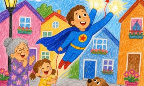 Homem-herói sorridente, rosto rondo, pele quente, olhos brilhantes e capa azul ao vento estende mãos luminosas para pegar um grande balão vermelho preso num fio; menina de ~5 anos, cabelos castanhos em tranças, vestido amarelo, segura a corda do balão à esquerda e passa de choro a sorriso; avó de cabelo grisalho em coque e vestido floral aplaude no passeio detrás da menina; pequeno cão castanho abana o rabo feliz aos pés do herói; rua de bairro com casas coloridas, passeio cinza, poste e fios pretos e vasos rosas com flores; cena: o herói retira suavemente o balão, luz suave sai das mãos, ambiente luminoso e seguro, estilo lápis de cor, cores vivas e contornos simples.