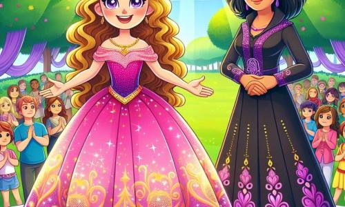 Doornroosje, een jong meisje met een stralende schoonheid, lange gouden haren en een glinsterende roze jurk, staat in het midden van het podium met sprankelende ogen vol verwondering en een stralende glimlach. Naast haar staat Maleficent, een vrouw van middelbare leeftijd met zwart haar en doordringende ogen, gekleed in een zwarte jurk met paarse patronen, die Aurora met trots en vastberadenheid aankijkt terwijl ze een boek over milieubescherming vasthoudt. De achtergrond is een groene park vol kleurrijke bloemen en majestueuze bomen, waar zonnestralen door de bladeren filteren, wat een warme en uitnodigende sfeer creëert. Groepen mensen verzamelen zich om hen heen, luisteren aandachtig met nieuwsgierige en betrokken gezichten. De hoofdscène toont Aurora en Maleficent op een podium, terwijl ze hun boodschap van hoop en eenheid delen, terwijl de menigte applaudisseert en glimlacht, geboeid door hun inspirerende toespraak over natuurbescherming en gelijkheid voor iedereen.