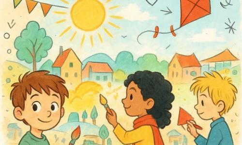 Max, an 8-year-old boy with tousled brown hair and curious eyes, stands in front of a large mural. He has a shy but proud smile, holding a colorful brush in his hand. Next to Max, Nina, a 7-year-old girl with a bright red scarf and curly black hair, adds touches of yellow to the sunrise painted on the wall. She is focused and smiling. Leo, an 8-year-old boy with tousled blond hair, stands a bit further away, painting a bright red kite that seems to fly in the sky. The scene takes place in the village square, with colorful bunting fluttering in the wind and festival stalls in the background. The mural is filled with bright colors and small details depicting village and nature scenes, creating a joyful and collaborative atmosphere.