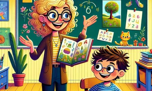 Frau Lena, eine lächelnde Lehrerin in ihren Dreißigern mit lockigem blonden Haar und runden Brillen, steht mit offenen Armen vor einer Tafel und zeigt ein buntes Bilderbuch. Max, ein achtjähriger Junge mit zerzausten braunen Haaren und einem großen Lächeln, sitzt an einem kleinen Tisch vor ihr, hält einen Bleistift in einer Hand und eine Zeichnung eines Baumes in der anderen, seine Augen leuchten vor Aufregung. Der Klassenraum ist warm und einladend, mit gelben Wänden, Buchstaben- und Zahlenpostern sowie Kinderzeichnungen überall. Auf den Tischen liegen Stifte und Bücher verstreut, was eine fröhliche Lernatmosphäre schafft. Die Hauptsituation zeigt Frau Lena und Max in einem Lernmoment, in dem Frau Lena begeistert Wörter und Geschichten erklärt, während Max fasziniert ist und bereit ist, seine Zeichnung zu zeigen und Fragen zu stellen.