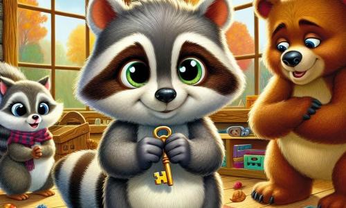 Max, ein kleiner Waschbär mit funkelnden Augen und weichem, grauem Fell, steht in der Mitte des Bildes mit einem beschämten Ausdruck im Gesicht und hält einen kleinen goldenen Schlüssel in seinen Pfoten. Rechts von ihm schaut Lilly, ein Eichhörnchen mit großen Ohren und braunem Fell, ihn ermutigend an, ihre kleinen Pfoten auf der Brust verschränkt. Links beugt sich Ben, ein Bär mit braunem Fell und sanften Augen, leicht nach vorne und zeigt ein verständnisvolles und unterstützendes Gesicht, bereit, seinem Freund Trost zu spenden. Die Szenerie spielt in einem großen Eichenhaus mit rustikalen Holzwänden und großen Fenstern, die Sonnenlicht hereinlassen und einen Raum erhellen, der mit Büchern und bunten Spielen gefüllt ist. Blätter und Blumen schmücken den Boden und verleihen der Inneneinrichtung einen Hauch von Natur. Die Hauptsituation zeigt, wie Max erkennt, dass er den Schlüssel versteckt hat, um seine Freunde zu beeindrucken, aber nun muss er sich seinen Fehlern stellen und ihnen die Wahrheit gestehen, was einen Moment der Spannung und Kameradschaft in dieser warmen und einladenden Umgebung schafft.
