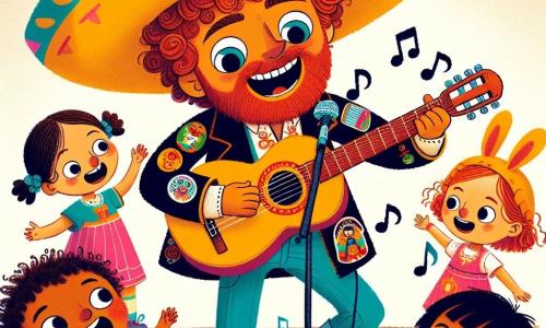 Un hombre llamado Donato, con un gran sombrero colorido, barba roja y ojos brillantes de alegría, toca la guitarra en un pequeño escenario. Lleva una chaqueta llena de parches coloridos en forma de notas musicales y su cálida sonrisa ilumina su rostro. Alrededor de él, varios niños están reunidos: Marta, una niña de 8 años con cabello rizado y un vestido amarillo, levanta los brazos cantando con entusiasmo. Pedro, un niño de 9 años con cabello negro y gafas redondas, imita un rugido de león, riendo con sus amigos. Ana, una niña de 7 años con trenzas y una camiseta azul, dibuja un pequeño conejo en el aire con sus manos, cautivada por la música. La escena tiene lugar en la encantadora plaza central de Villa Melodía, rodeada de árboles verdes y una fuente brillante. La situación principal muestra a Donato y los niños cantando juntos una canción alegre sobre los animales, creando una atmósfera de felicidad y unidad, con notas musicales flotando a su alrededor como mariposas.