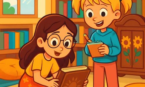Há 2 personagens principais: - Sofia: Uma menina de 10 anos, com cabelos longos e castanhos e óculos redondos. Ela usa uma camiseta amarela e uma saia de flores. Está agachada, examinando um livro antigo na biblioteca. - Mariana: Uma menina de 10 anos, com cabelos curtos e loiros, presos em duas tranças. Ela veste um moletom azul e uma calça rosa. Está em pé ao lado de Sofia, segurando um caderno pequeno e um lápis, pronta para fazer anotações. O local da cena principal é uma biblioteca iluminada, com grandes janelas que deixam entrar a luz do sol. As paredes estão cobertas de livros coloridos, e almofadas macias estão espalhadas pelo chão. Ao fundo, um velho armário de madeira é decorado com padrões de girassóis. A cena principal mostra Sofia e Mariana descobrindo um livro antigo e misterioso, cercadas por livros abertos e folhas de papel espalhadas. Elas estão imersas em sua investigação, com expressões de curiosidade e empolgação em seus rostos.