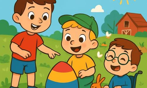 Există 3 personaje: - Alex: un băiat de 6 ani, cu păr brun și ochi strălucitori, îmbrăcat într-un tricou roșu și o pereche de pantaloni scurți albaștri, stând în stânga, zâmbind și arătând spre un ou colorat. - Matei: un băiat de 5 ani, cu păr blond și obraje roz, purtând o șapcă verde și un tricou galben, aflat în centrul imaginii, privind oul cu ochi uimiți. - Doru: un băiat de 4 ani, cu păr șaten și ochelari, așezat într-un scaun cu rotile mic, îmbrăcat într-un pulover albastru și pantaloni rai, situat în dreapta, râzând fericit și ținând un mic coș. Locul se desfășoară într-o fermă frumoasă, însorită, cu o mare pajiște verde plină de flori colorate, iar în fundal se vede o grădină mică cu morcovi și un grup de găini albe care ciugulesc. Cerul albastru deschis cu câteva nori albi pufoși adaugă o notă de magie scenei. Situația principală arată cei trei băieți descoperind un ou uriaș cu culori vii, roșu, galben și albastru, care strălucește sub soare, fiind toți uimiți și pregătiți să urmeze urmele unui iepuraș care i-a condus la această surpriză de Paște.