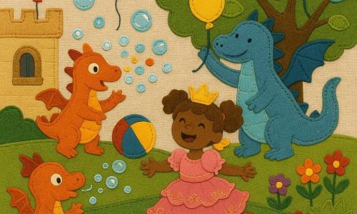 O prințesă de 6 ani cu părul blond buclat în cozi, rochie roz cu volane și broderii aurii, zâmbitoare, aleargă spre un mare balon colorat; un dragon mic portocaliu, nazdravan, la stânga, suflă norișori de mini-baloane, iar un dragon mai mare albastru, blând, în spate lângă un copac, ajută să scoată un balon din crengi. Decor: grădina castelului cu peluză verde tăiată curbat, foișoare de flori vii (roșu, galben, violet), un copac cu ramuri largi și frunze rotunde și un zid bej cu o fereastră cu obloane; baloane roșii, galbene și albastre și câteva bule de săpun strălucitoare plutesc sub un cer senin, toți se bucură. Stil aplicație textilă: forme simple, contururi cusute vizibile, texturi de stofă (catifea, in, bumbac imprimat), culori vii și contrastante, compoziție clară și lizibilă pentru copii mici.