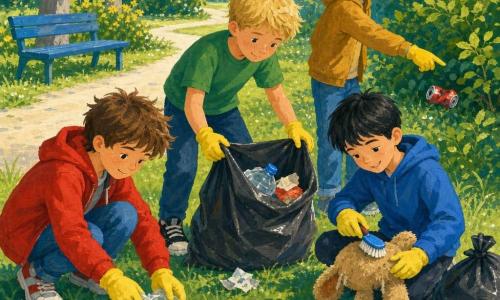 Vier jongens van ongeveer 9 jaar rapen samen zwerfvuil in een zonnig buurtpark: een bruinharige jongen in rood jasje en jeans hurkt met gele handschoenen om een plastic verpakking op te rapen; een blond met sproeten en groen T‑shirt houdt centraal een open vuilniszak; een zwartgehaarde jongen in blauw sweat staat rechts en borstelt een oude knuffel; een lichtbruinharige jongen met pet achterstevoren wijst naar een ingedrukte blikjes bij een struik klaar om op te rapen. Het park heeft ochtendlicht, dauw op het gras, groene struiken, een licht grindpad, een blauw bankje, grijze boomstammen en gele bloemetjes; de kinderen werken vrolijk en geconcentreerd samen.
